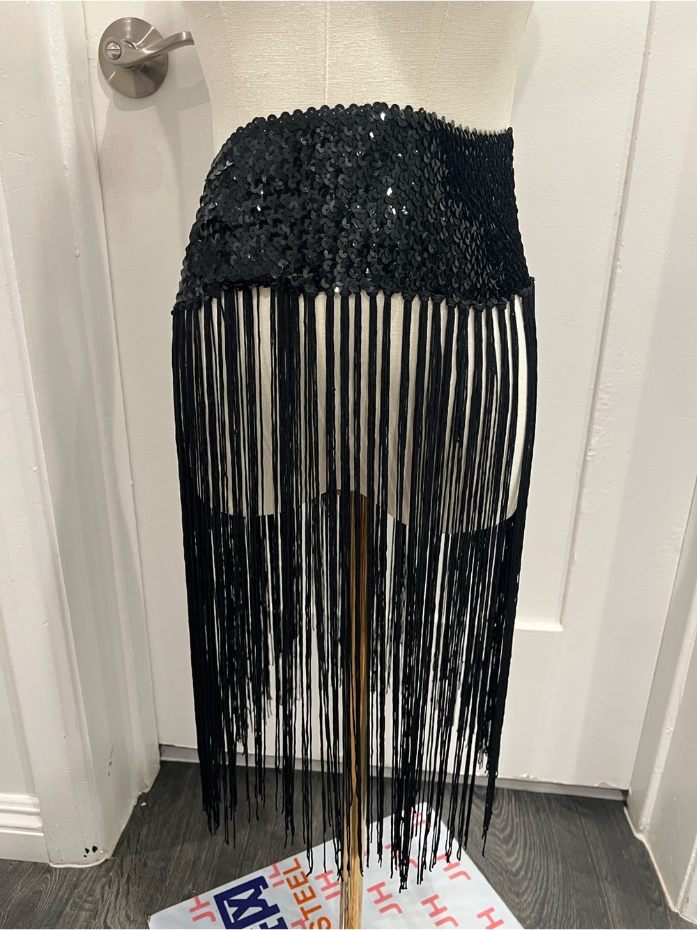 Black Sequin Fringe Mini Skirt one size
